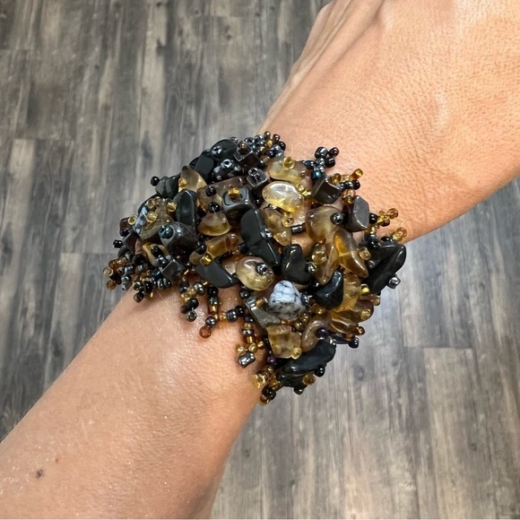 Beaded and Stones Wide Cuff Chunky Adjustable bracelet. - Picture 1 of 9